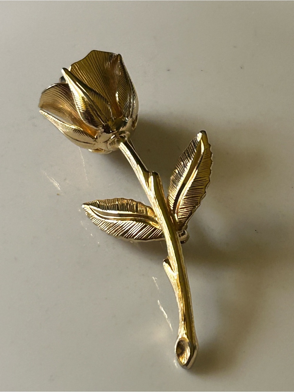 Vintage Gold Tone Rose Brooch - Floral Stem Pin